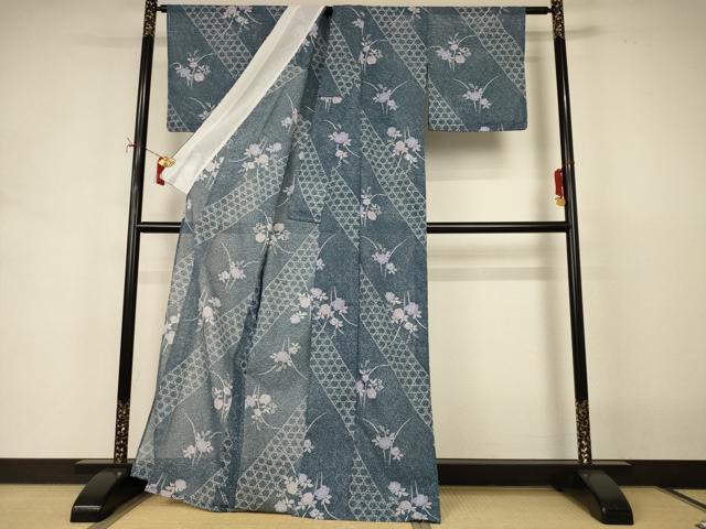 平和屋着物*夏物 小紋 絽 草花文 洗える着物 AABI9848jd