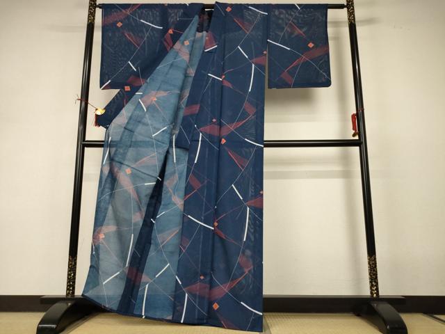 平和屋着物*夏物 小紋 絽 幾何学文様 洗える着物 未使用 AABI9891jd