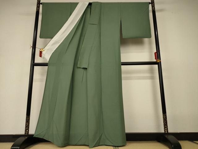 平和屋着物*夏物 色無地 縦絽 老竹色 正絹 逸品 AABI9898jd