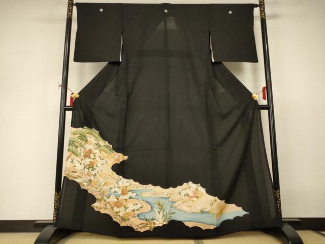 平和屋着物*夏物 黒留袖 絽 駒刺繍 流水草花文 正絹 逸品 AABI9921jd