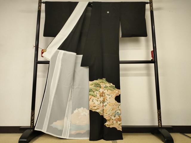 平和屋着物*夏物 黒留袖 絽 駒刺繍 流水草花文 正絹 逸品 AABI9921jd