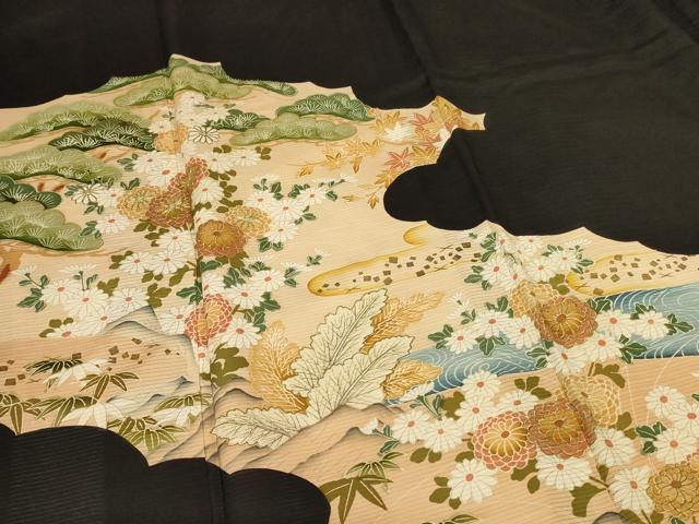 平和屋着物*夏物 黒留袖 絽 駒刺繍 流水草花文 正絹 逸品 AABI9921jd