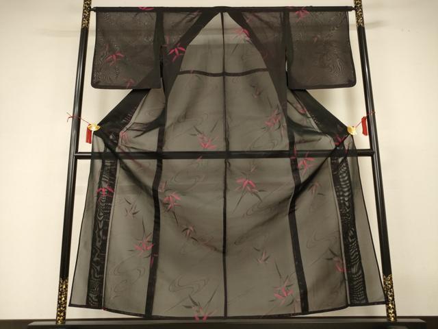 平和屋着物*夏物 小紋 紗 流水笹竹文 黒地 正絹 逸品 AABI9930jd