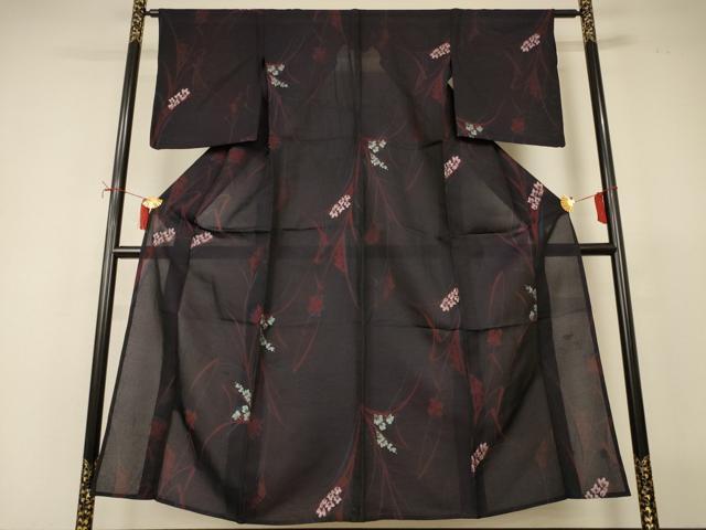 平和屋着物*夏物 小紋 紗 草花文 銀糸 正絹 逸品 AABI9974jd