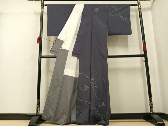 平和屋着物●訪問着 作家物 紬地 刺繍 刺し子 フクロウ 梟 正絹 逸品 AABJ0003ph