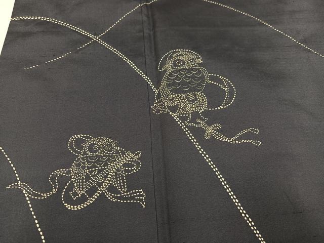 平和屋着物●訪問着 作家物 紬地 刺繍 刺し子 フクロウ 梟 正絹 逸品 AABJ0003ph