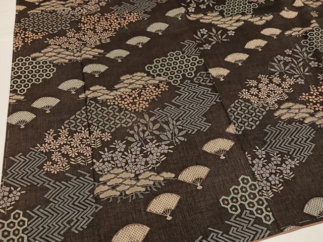 平和屋着物●上質な小紋 紬地 舞扇草花文 正絹 逸品 AABJ0010ph