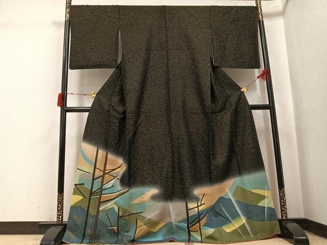 平和屋着物●色留訪問着 作家物 風景文 黒地 金彩 金通し地 正絹 逸品 AABJ0021ph