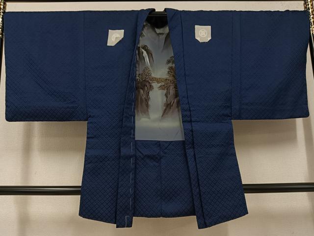平和屋着物●男性 色紋付・羽織セット 菱地紋 藍鉄色 洗える着物 AABJ0030ph