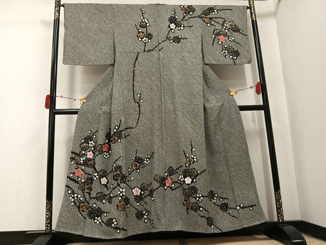 平和屋着物●訪問着 駒刺繍 絞り 枝梅 黒地 金銀彩 正絹 逸品 AABJ0033ph
