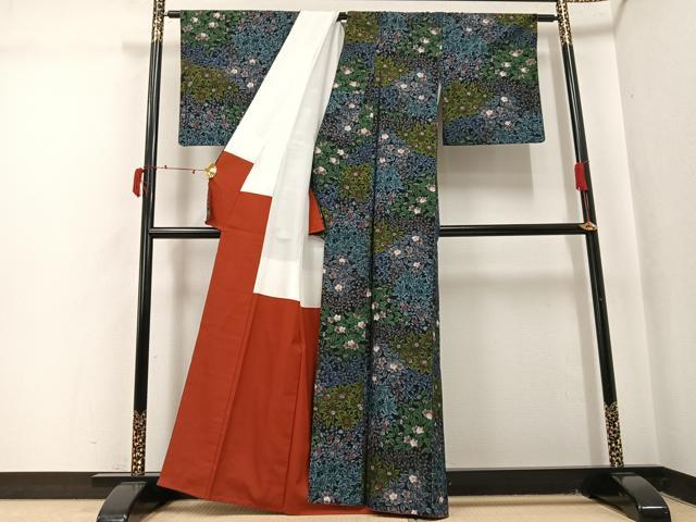 平和屋着物●小千谷紬 草花文 正絹 逸品 AABJ0037ph