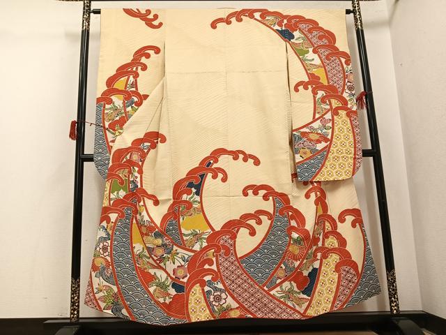 平和屋着物●豪華振袖 型染め 吉祥花鳥文 金通し地 正絹 逸品 AABJ0052ph