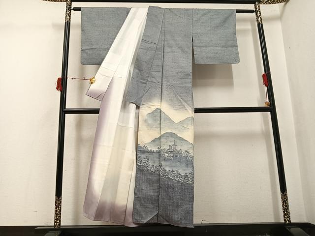 平和屋着物●色留訪問着 紬地 遠山風景樹林文 正絹 逸品 AABJ0059ph