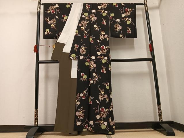 平和屋着物●上質な小紋 葵 黒地 正絹 逸品 AABJ0066ph