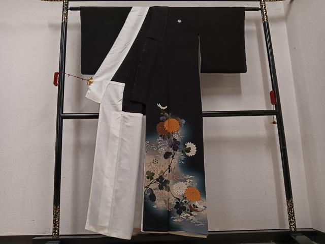 平和屋着物●アンティーク 大正ロマン 黒留袖 枝花文 暈し染め 金彩 胴抜き仕立て 正絹 逸品 AABJ0070ph