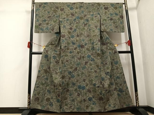 平和屋着物●上質な小紋 紬地 型染め 更紗唐草文 正絹 逸品 AABJ0108ph
