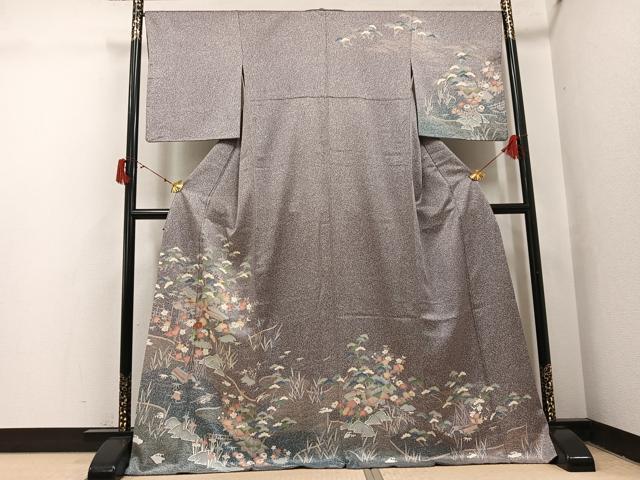 平和屋着物●訪問着 風景草花文 たたき染め 金彩 ロング丈 正絹 逸品 AABJ0112ph