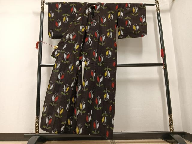 平和屋着物●久留米絣 単衣 草花文 綿 逸品 AABJ0123ph
