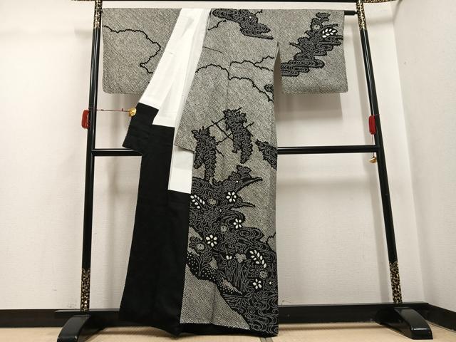 平和屋着物●訪問着 総絞り 流水草花文 黒地 正絹 逸品 AABJ0140ph