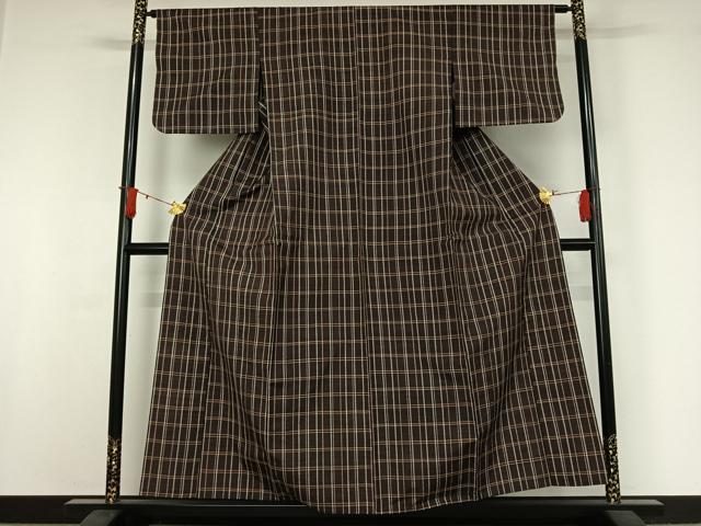 平和屋着物▽上質な紬 単衣 格子 正絹 逸品 AABJ0161jh
