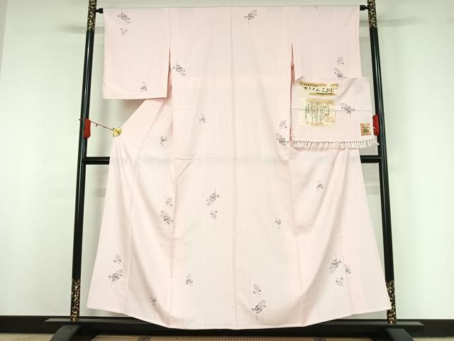 平和屋着物▽本場越後伝承紬 単衣 さきそめこふじ 草花文 証紙付き 正絹 逸品 AABJ0165jh
