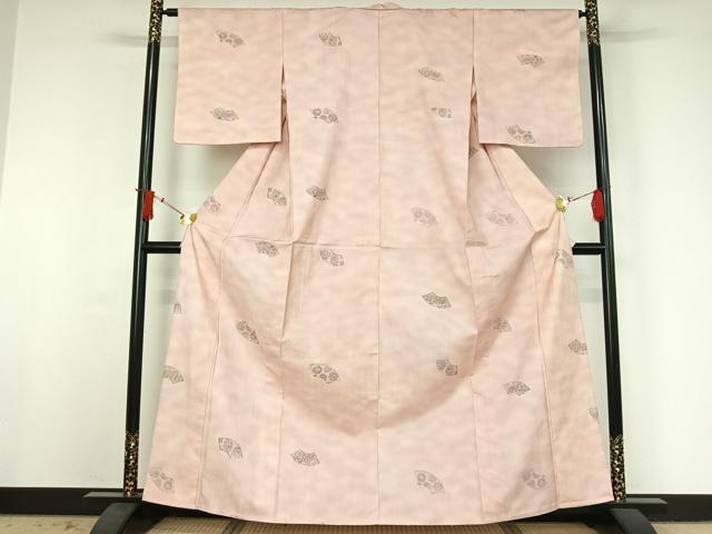 平和屋着物▽上質な小紋 単衣 紬地 手描き 地紙花文 正絹 逸品 AABJ0174jh