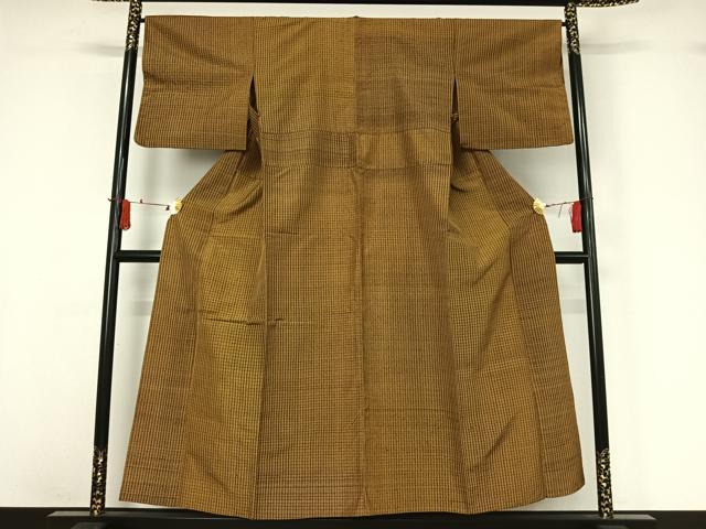 平和屋着物▽本場黄八丈 平織 紬 単衣 格子 正絹 逸品 AABJ0175jh