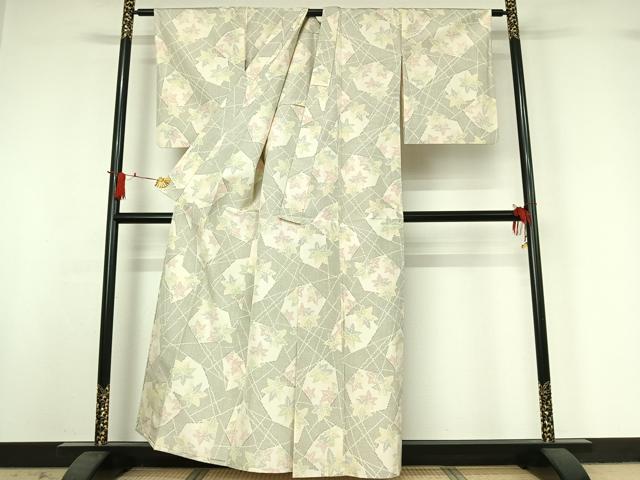 平和屋着物▽上質な紬 単衣 舞葉文 正絹 逸品 AABJ0178jh