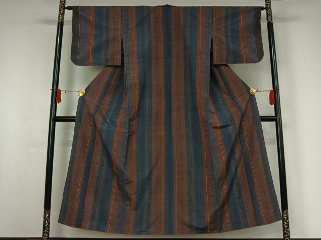平和屋着物▽上質な紬 単衣 縞 正絹 逸品 AABJ0180jh