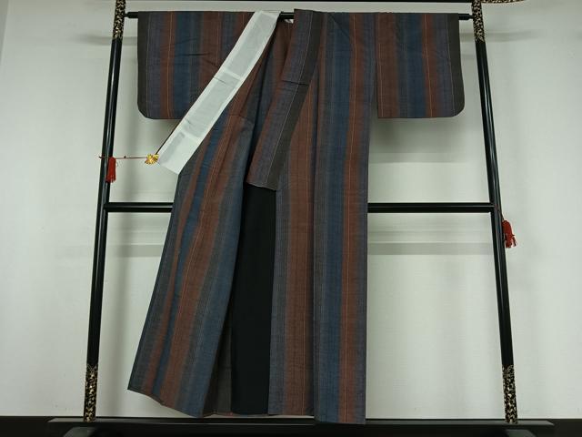 平和屋着物▽上質な紬 単衣 縞 正絹 逸品 AABJ0180jh
