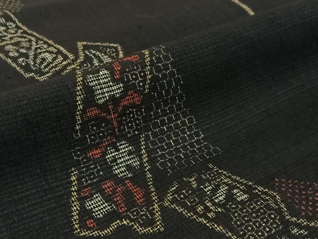 平和屋着物▽上質な紬 単衣 短冊花文 黒地 正絹 逸品 AABJ0193jh