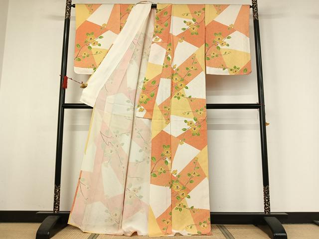 平和屋着物▽上質な小紋 単衣 枝花文 正絹 逸品 AABJ0194jh