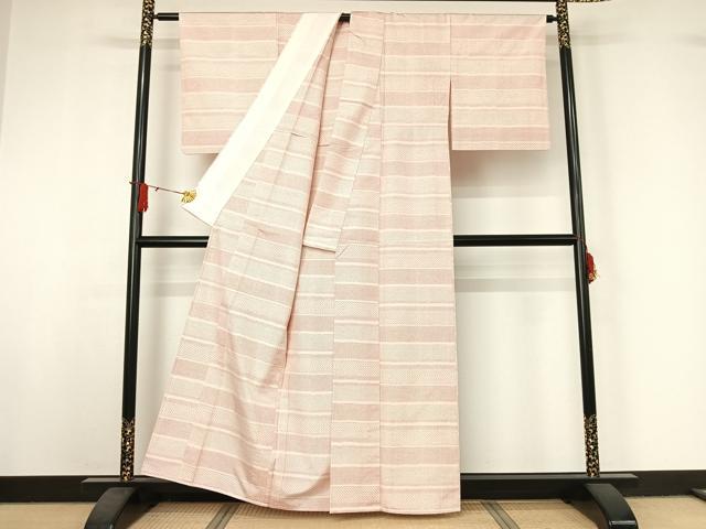 平和屋着物▽上質な紬 単衣 横段文 正絹 逸品 AABJ0197jh