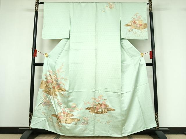 平和屋着物▽訪問着 単衣 駒刺繍 風景松竹梅文 金彩 正絹 逸品 AABJ0199jh