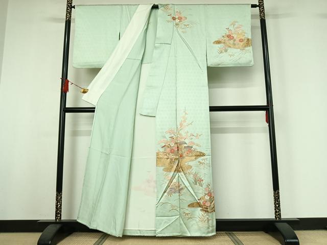 平和屋着物▽訪問着 単衣 駒刺繍 風景松竹梅文 金彩 正絹 逸品 AABJ0199jh