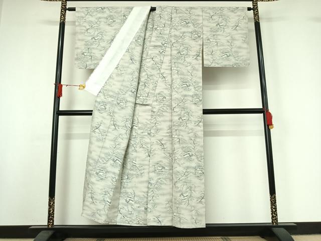 平和屋着物▽上質な紬 単衣 風景松文 正絹 逸品 AABJ0200jh