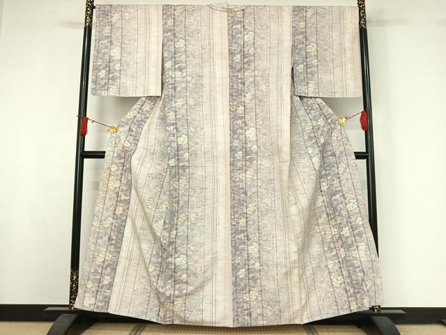 平和屋着物▽上質な紬 単衣 草花文 正絹 逸品 AABJ0203jh