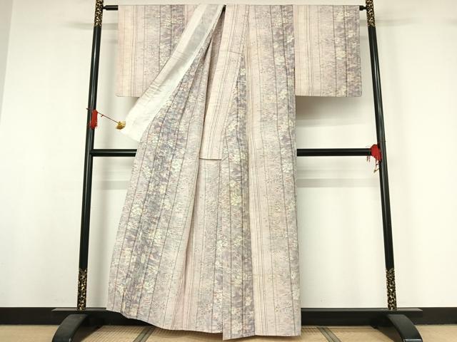 平和屋着物▽上質な紬 単衣 草花文 正絹 逸品 AABJ0203jh