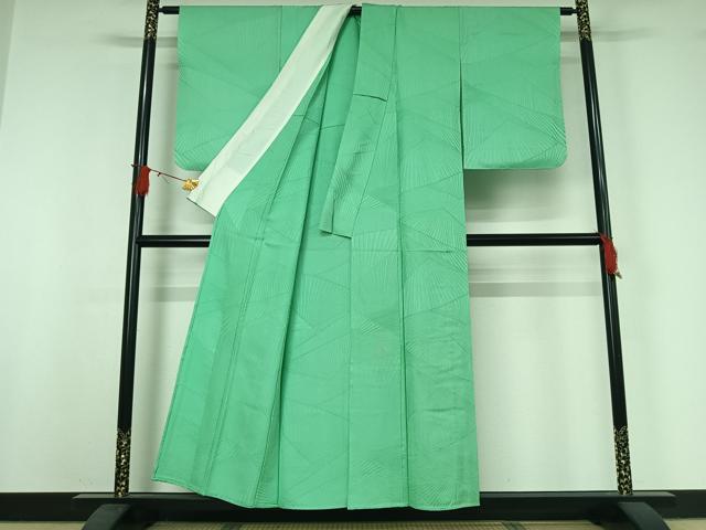 平和屋着物▽上質な色無地 単衣 幾何学地紋 若竹色 正絹 逸品 AABJ0217jh