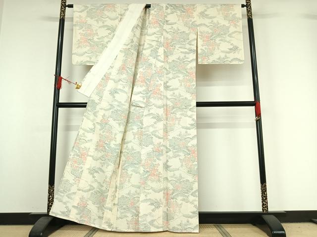 平和屋着物▽結城紬 単衣 風景花文 反端付き 正絹 逸品 AABJ0221jh