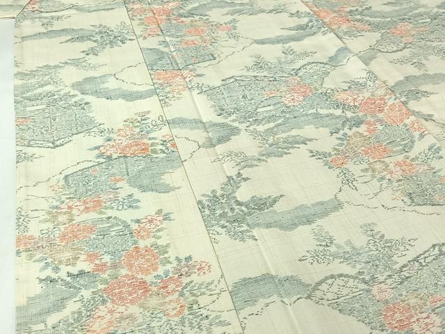 平和屋着物▽結城紬 単衣 風景花文 反端付き 正絹 逸品 AABJ0221jh
