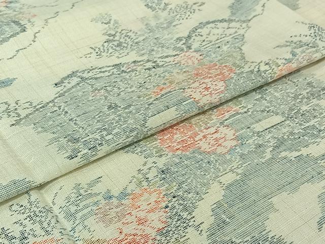 平和屋着物▽結城紬 単衣 風景花文 反端付き 正絹 逸品 AABJ0221jh