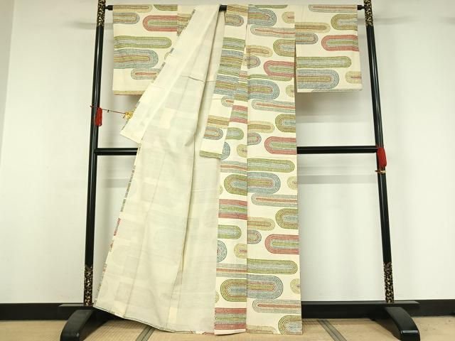 平和屋着物▽上質な小紋 単衣 紬地 横段文 正絹 逸品 AABJ0240jh