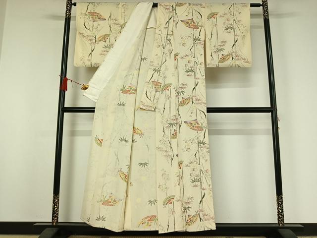 平和屋着物▽上質な小紋 単衣 手描き 扇面花文 金彩 正絹 逸品 AABJ0257jh