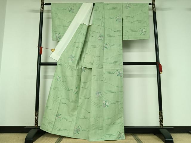 平和屋着物▽上質な紬 単衣 草花文 正絹 逸品 AABJ0258jh