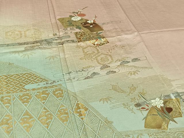 平和屋着物▽訪問着 単衣 地紙花文 暈し染め 金彩 正絹 逸品 AABJ0262jh