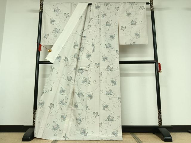 平和屋着物▽上質な紬 単衣 花唐草文 正絹 逸品 AABJ0264jh