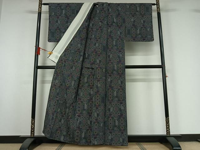 平和屋着物▽本塩沢 単衣 幾何学文様 正絹 逸品 AABJ0268jh