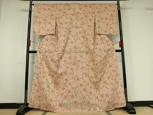 平和屋着物▽お召 単衣 草花文 正絹 逸品 AABJ0271jh