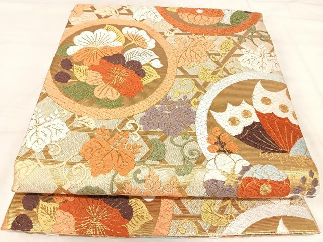 平和屋着物◎佐賀錦 六通柄袋帯 唐織 花蝶丸文 金糸 正絹 逸品 AABJ0291yx